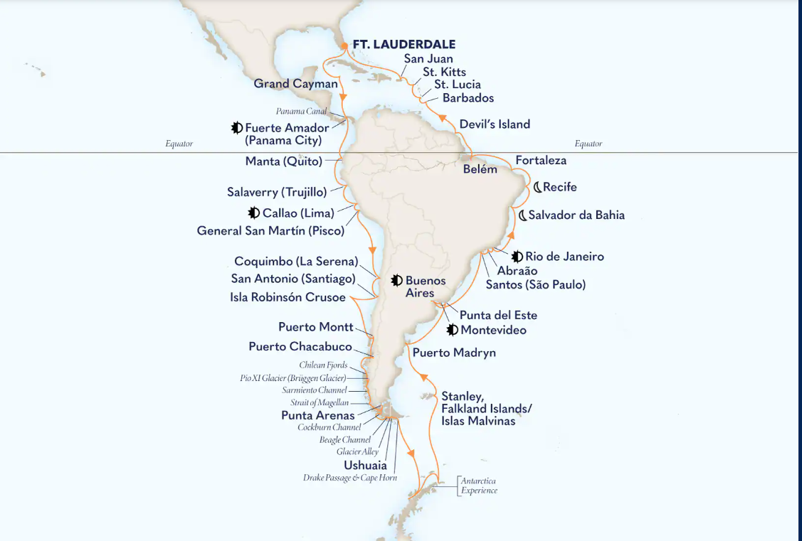 70 day Holland America World Voyage 2027 itinerary map